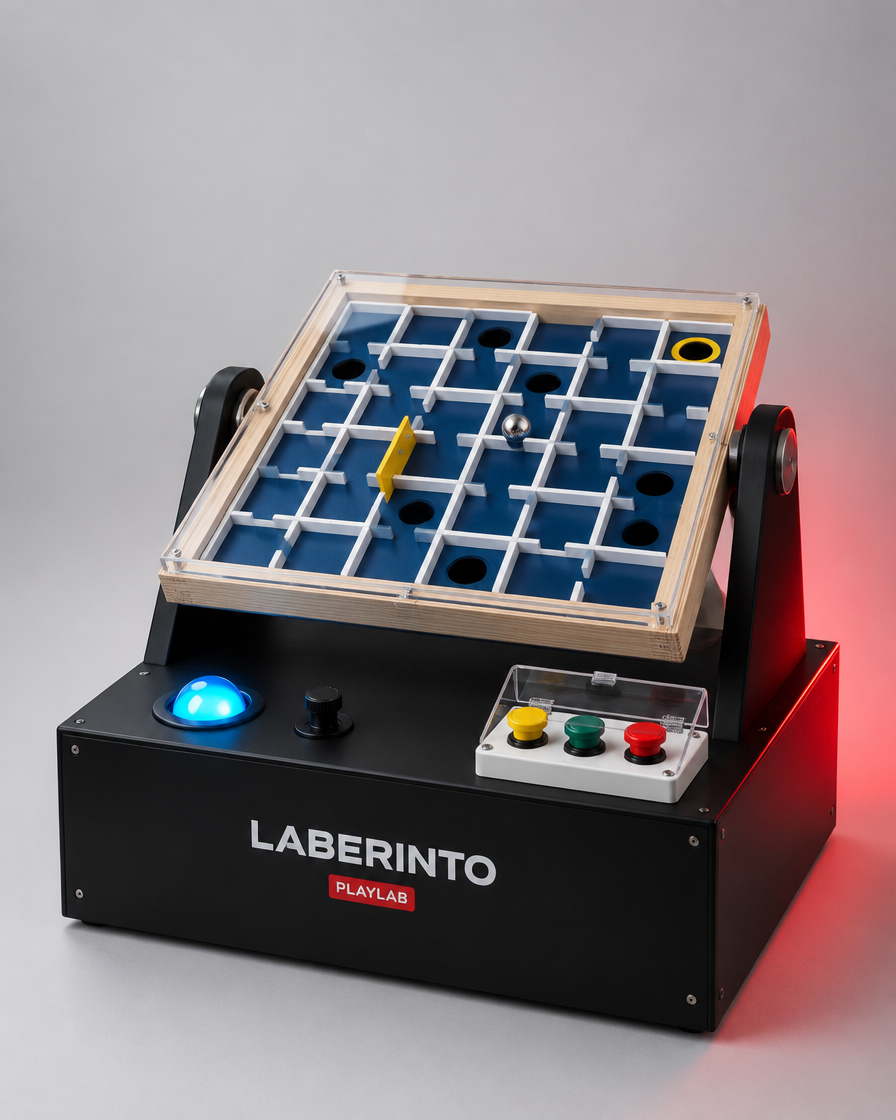 Imagen de referencia del juego de laberinto PlayLab, con una bola y un tablero de obstáculos